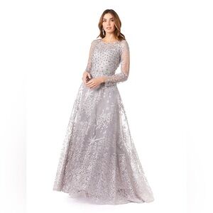 NWT LARA 29759 - LONG SLEEVES SILVER BALLGOWN FULLY EMBELLISHED Sz 18 $658